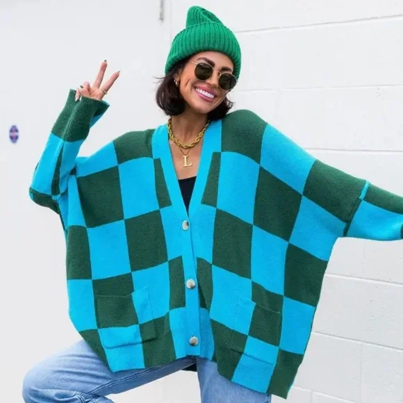 Dressed in Lala Love You Oversize Checkerboard Cardigan. Size S/M. NWT. - Picture 1 of 5